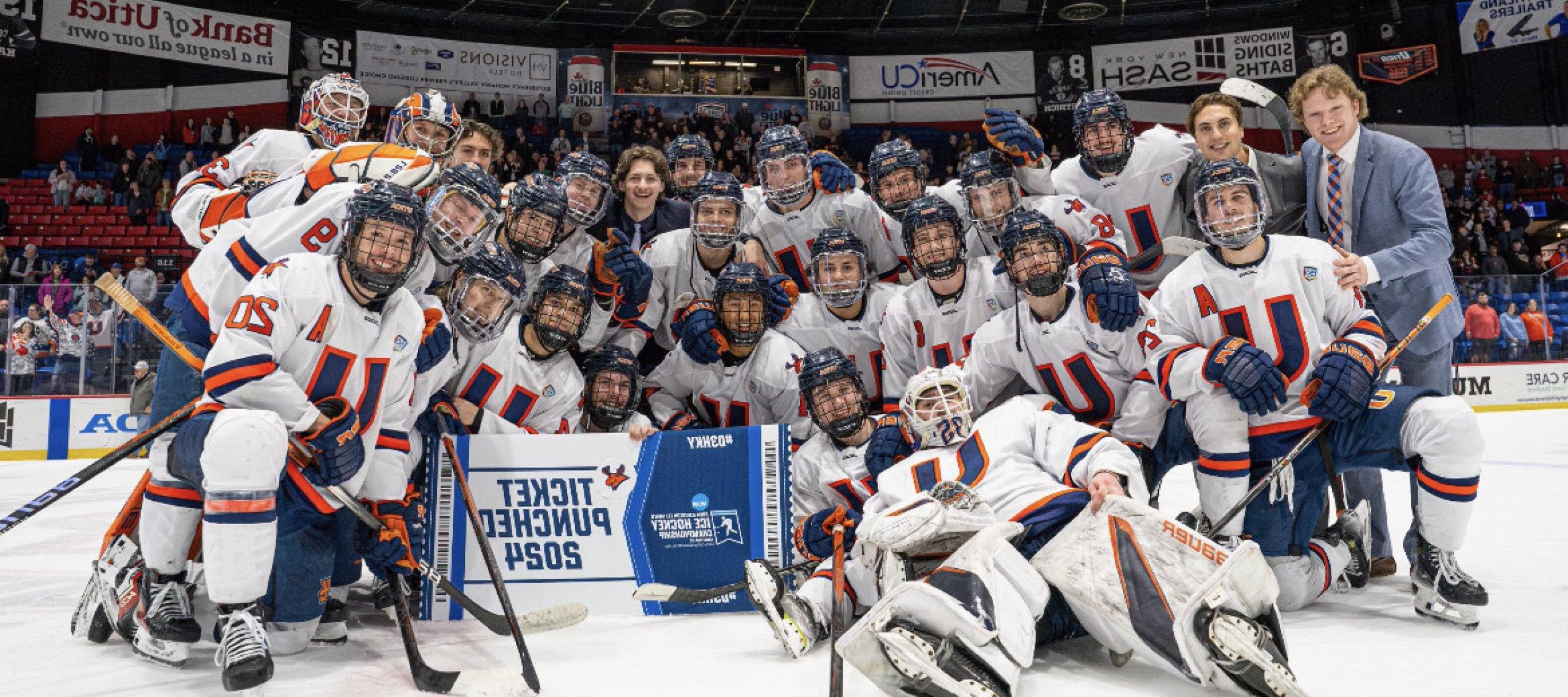 Pioneers Hockey group photo on the ice as they advance to the NCAA Frozen Four.